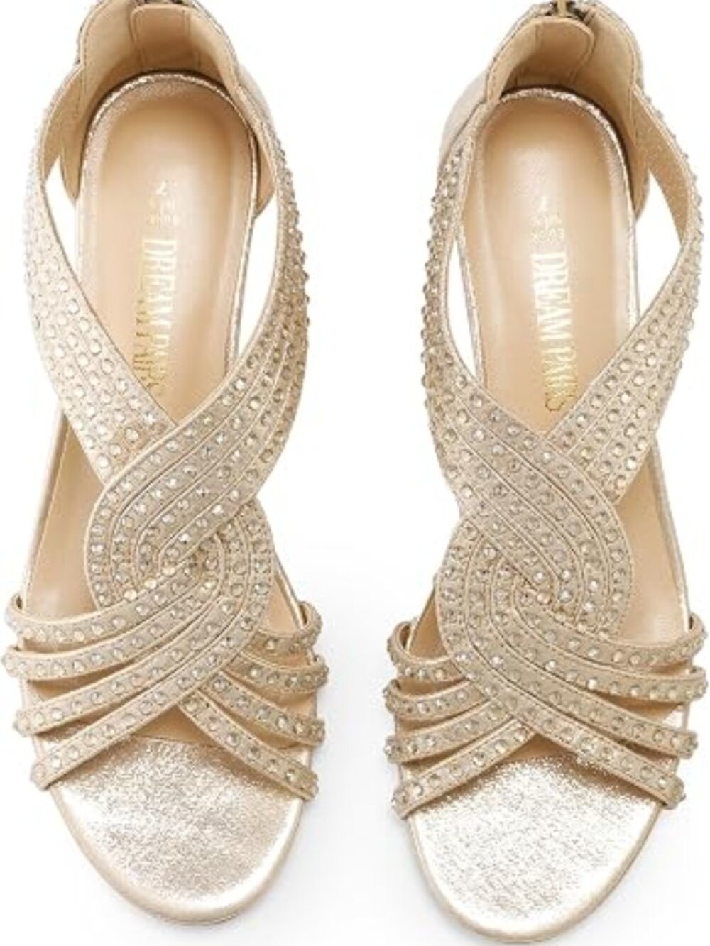 Women's Open Toe Low Wedges Sandals, Rhinestone Strappy Zipper Dress Shoes